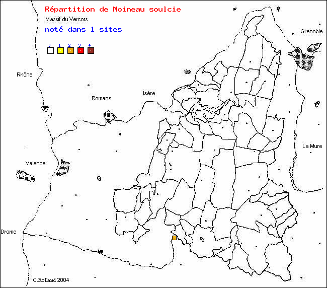 Carte de rpartition dans le Vercors (Isre et Drme) d'une espce d'oiseau: Moineau soulcie (Petronia petronia (L.))