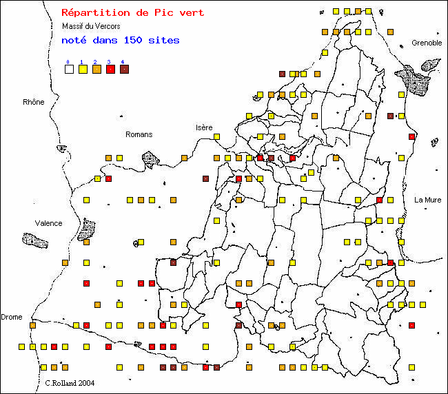 Pic vert - Picus viridis L.. Carte de rpartition des oiseaux dans le Vercors