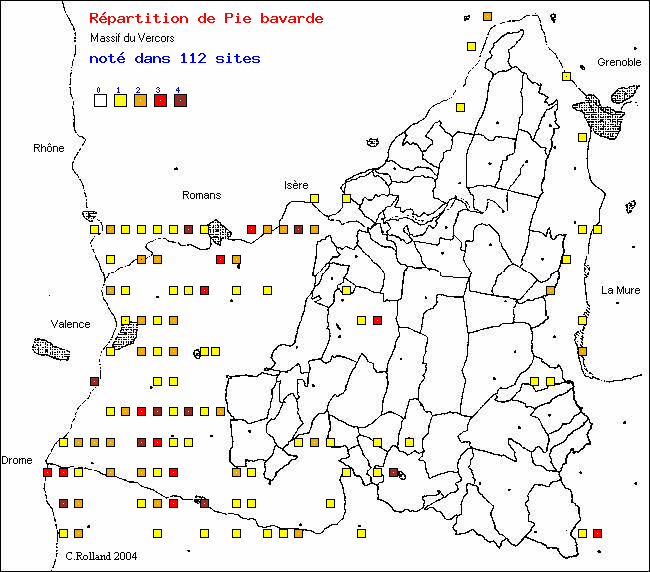 Pie bavarde - Pica pica (L.). Carte de rpartition des oiseaux dans le Vercors