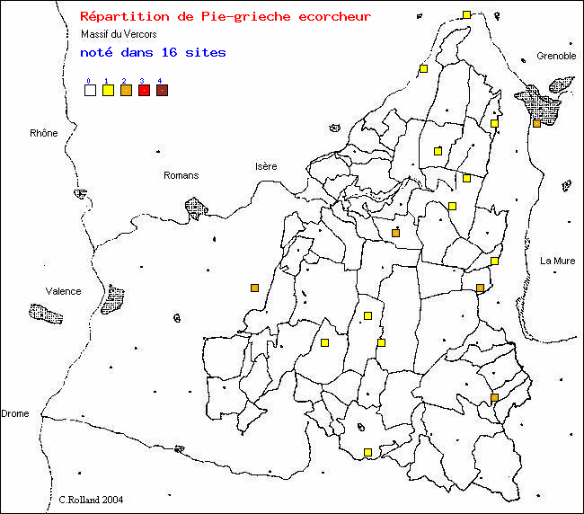 Pie-griche corcheur - Lanius collurio L.. Carte de rpartition des oiseaux dans le Vercors