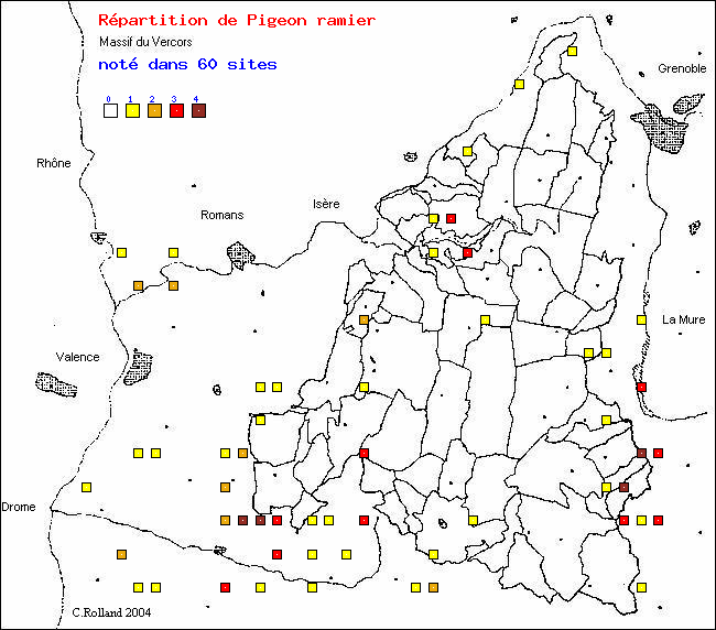 Pigeon ramier - Colomba palumbus L.. Carte de rpartition des oiseaux dans le Vercors