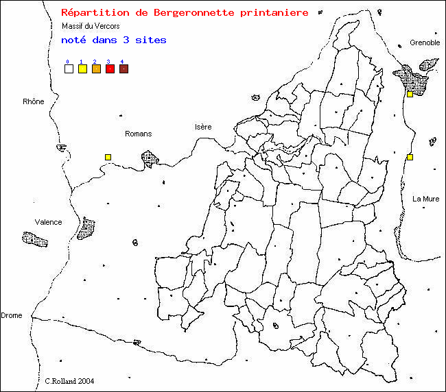 Carte de rpartition dans le Vercors (Isre et Drme) d'une espce d'oiseau: Bergeronnette printanire (Motacilla flava L.)