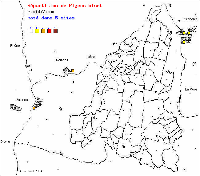 Carte de rpartition dans le Vercors (Isre et Drme) d'une espce d'oiseau: Pigeon biset (Colomba livia)