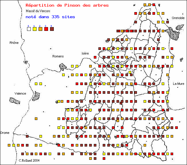 Pinson des arbres - Fringillia coelebs L.. Carte de rpartition des oiseaux dans le Vercors