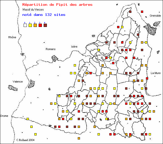 Pipit des arbres - Anthus trivialis (L.). Carte de rpartition des oiseaux dans le Vercors