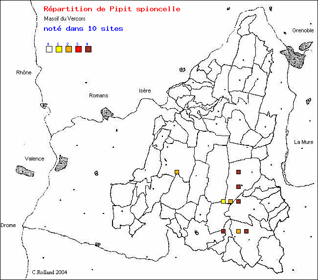 Carte de rpartition dans le Vercors (Isre et Drme) d'une espce d'oiseau: Pipit spioncelle (Anthus spinoletta (L.))