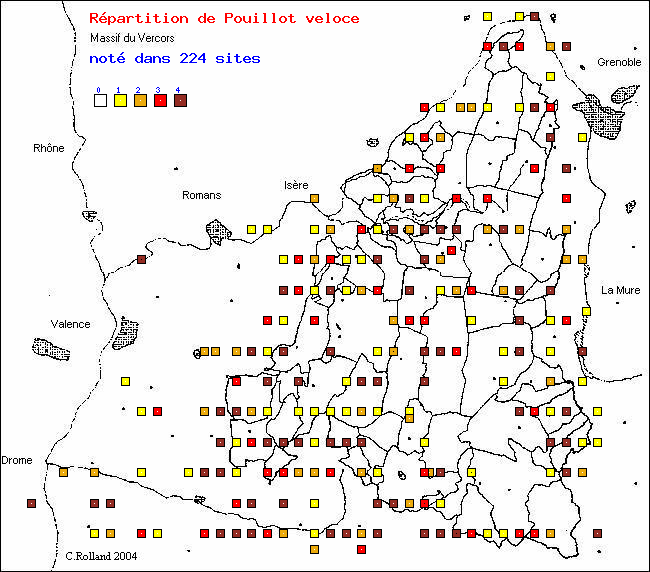 Pouillot vloce - Phylloscopus collybita (Vieillot). Carte de rpartition des oiseaux dans le Vercors