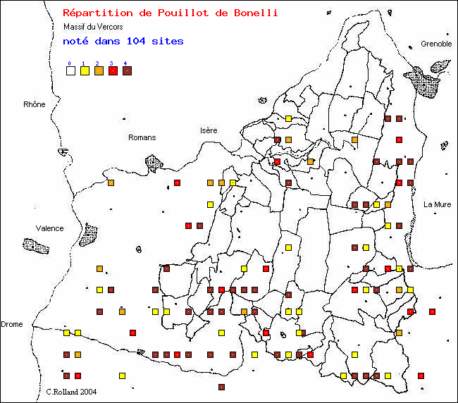 Pouillot de Bonelli - Phylloscopus bonelli (Vieillot). Carte de rpartition des oiseaux dans le Vercors