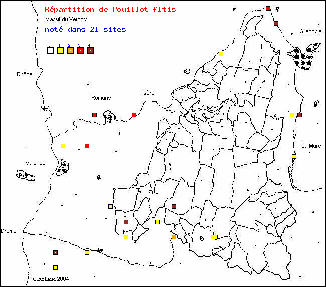 Carte de rpartition dans le Vercors (Isre et Drme) d'une espce d'oiseau: Pouillot fitis (Phylloscopus trochilus (L.))