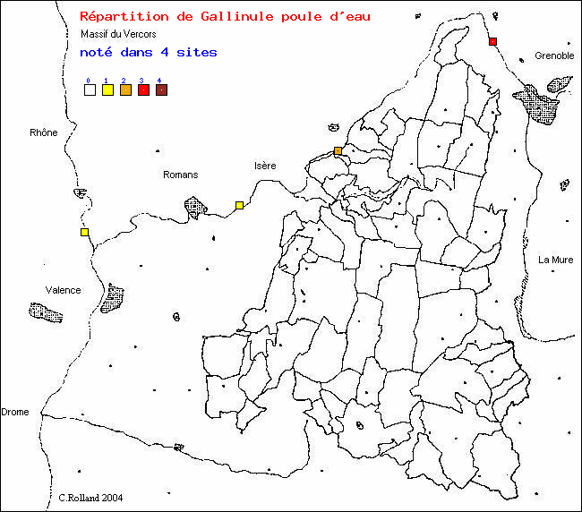 Carte de rpartition dans le Vercors (Isre et Drme) d'une espce d'oiseau: Gallinule poule d