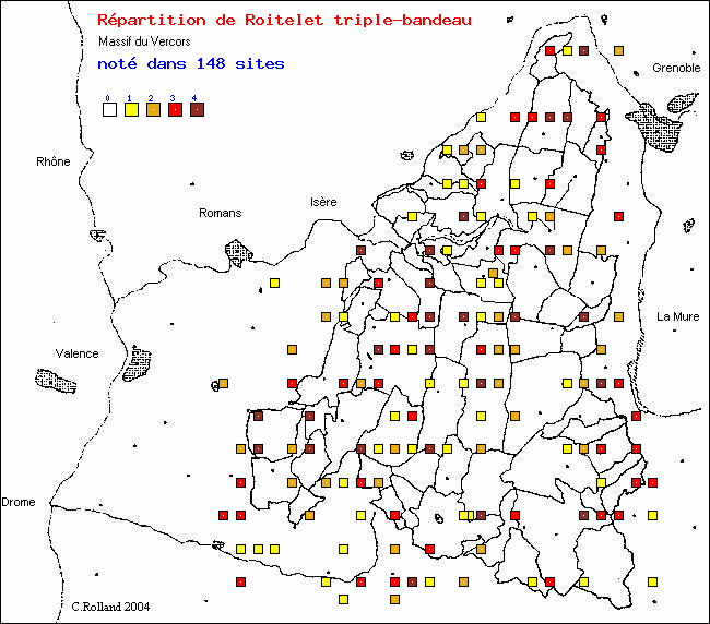 Roitelet triple-bandeau - Regulus ignicapillus (Temm.). Carte de rpartition des oiseaux dans le Vercors