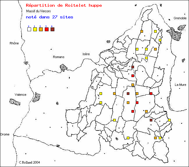 Carte de rpartition dans le Vercors (Isre et Drme) d'une espce d'oiseau: Roitelet hupp (Regulus regulus (L.))