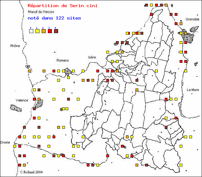 Serin cini - Serinus serinus (L.). Carte de rpartition des oiseaux dans le Vercors