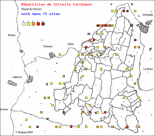 Carte de rpartition dans le Vercors (Isre et Drme) d'une espce d'oiseau: Sittelle torchepot (Sitta europaea L.)