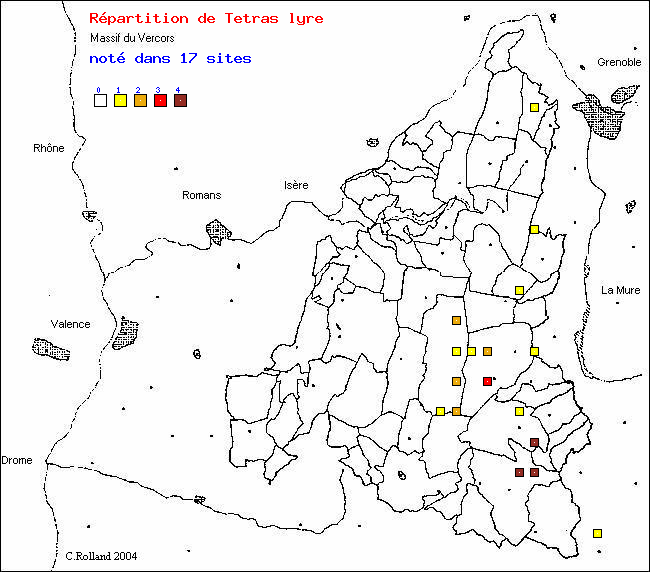 Carte de rpartition dans le Vercors (Isre et Drme) d'une espce d'oiseau: Ttras lyre (Lyrurus tetrix (L.))