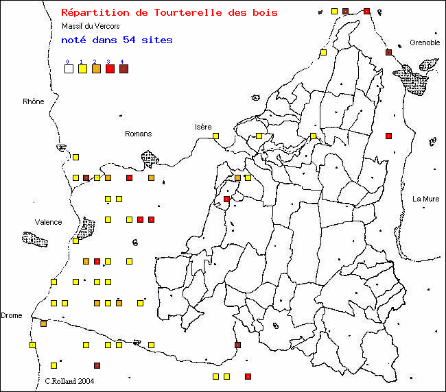 Tourterelle des bois - Streptopelia turtur (L.). Carte de rpartition des oiseaux dans le Vercors