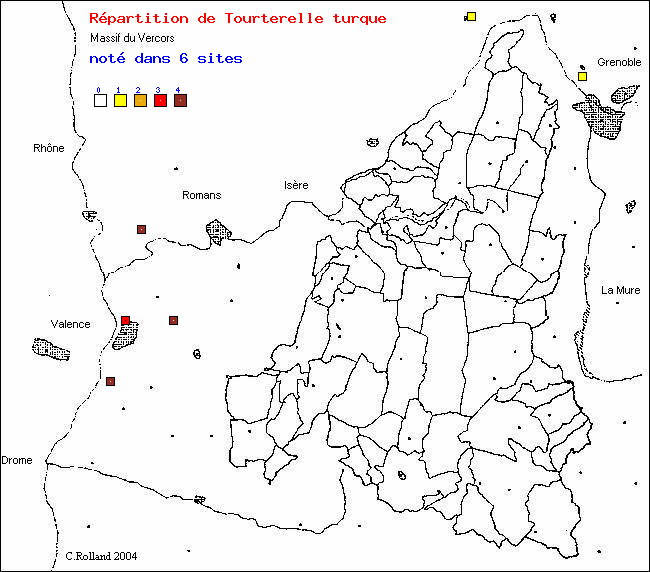 Carte de rpartition dans le Vercors (Isre et Drme) d'une espce d'oiseau: Tourterelle turque (Streptopelia decaocto (Fridvalsky))