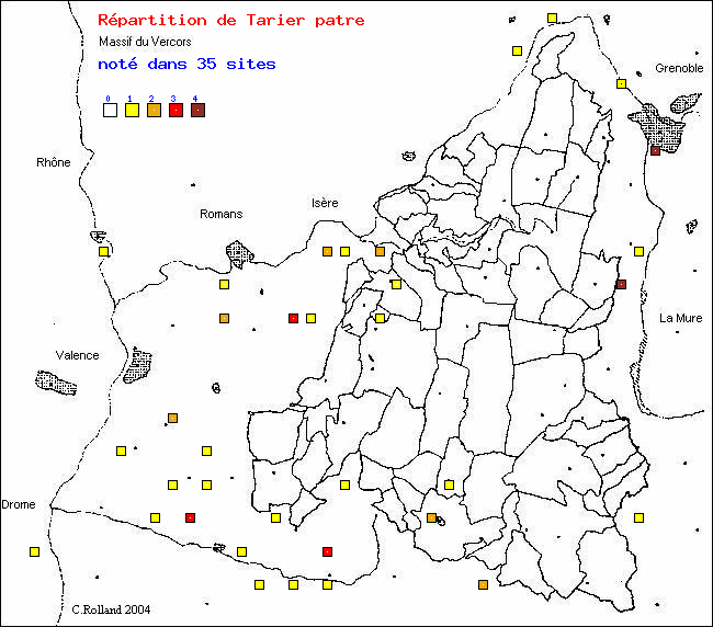 Tarier ptre - Saxicola torquata (L.). Carte de rpartition des oiseaux dans le Vercors