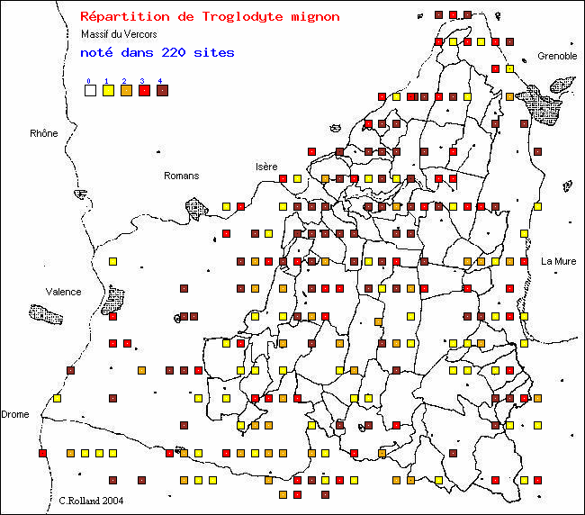 Troglodyte mignon - Troglodytes troglodytes (L.). Carte de rpartition des oiseaux dans le Vercors
