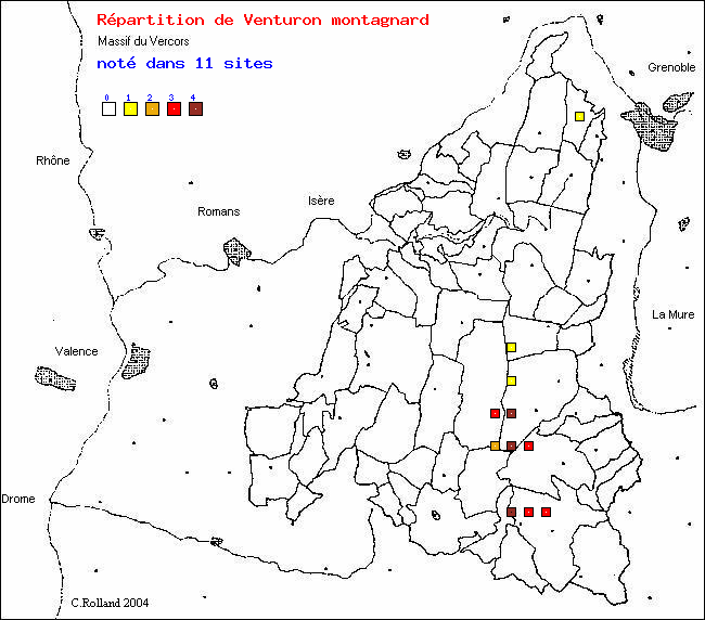 Venturon montagnard - Serinus citrinella (Pallas). Carte de rpartition des oiseaux dans le Vercors
