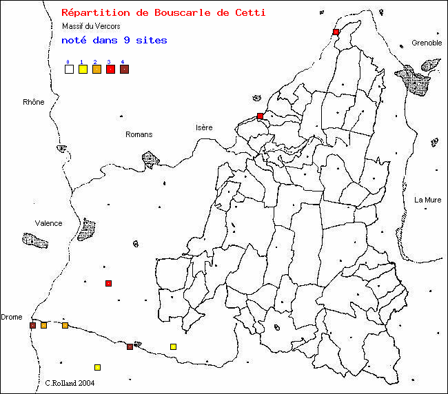 Carte de rpartition dans le Vercors (Isre et Drme) d'une espce d'oiseau: Bouscarle de Cetti (Cettia cetti (Temmick))