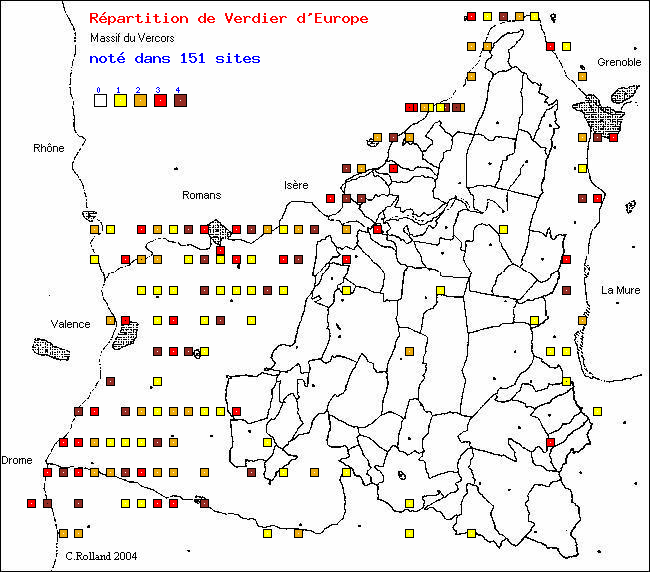 Carte de rpartition dans le Vercors (Isre et Drme) d'une espce d'oiseau: Verdier d