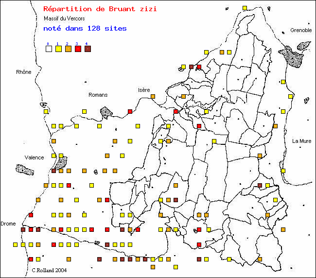 Carte de rpartition dans le Vercors (Isre et Drme) d'une espce d'oiseau: Bruant zizi (Emberiza cirlus L.)