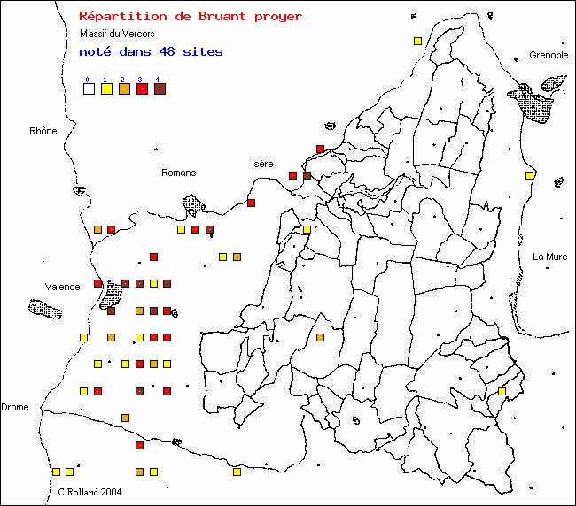 Bruant proyer - Emberiza calandra L.. Carte de rpartition des oiseaux dans le Vercors