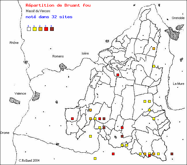 Bruant fou - Emberiza cia L.. Carte de rpartition des oiseaux dans le Vercors
