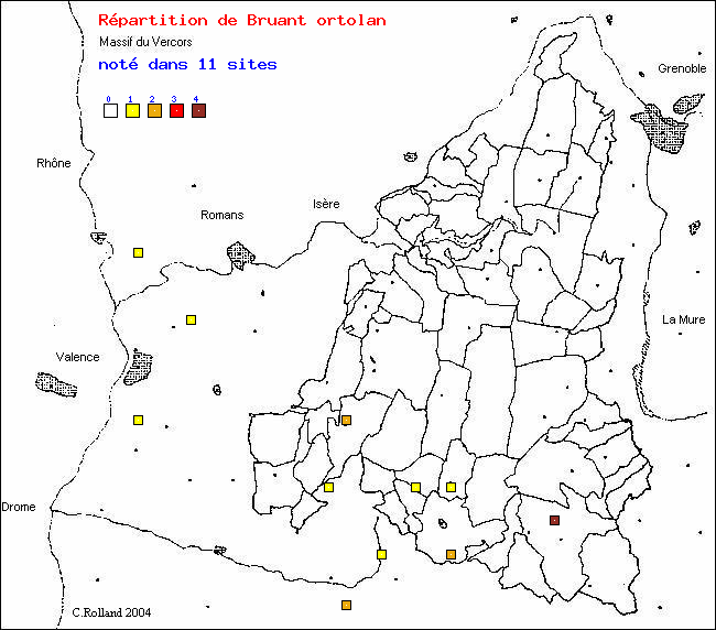 Carte de rpartition dans le Vercors (Isre et Drme) d'une espce d'oiseau: Bruant ortolan (Emberiza hortulana L.)