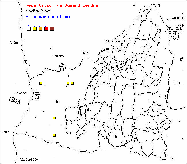 Carte de rpartition dans le Vercors (Isre et Drme) d'une espce d'oiseau: Busard cendr (Circus pygargus (L.))