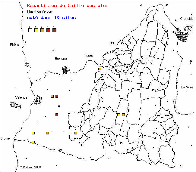 Caille des bls - Coturnix coturnix (L.). Carte de rpartition des oiseaux dans le Vercors