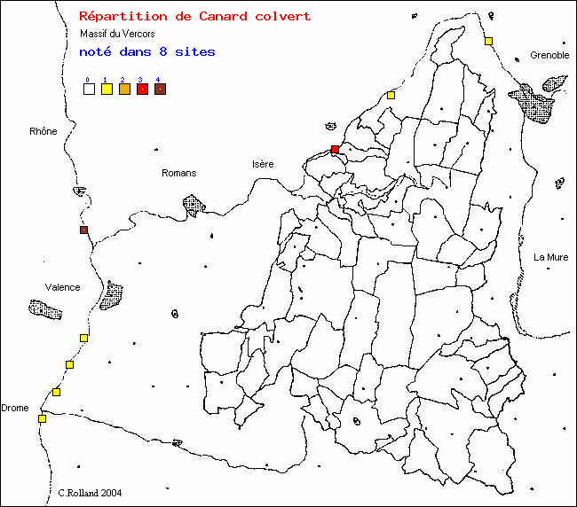 Carte de rpartition dans le Vercors (Isre et Drme) d'une espce d'oiseau: Canard colvert (Anas platyrhynchos L.)