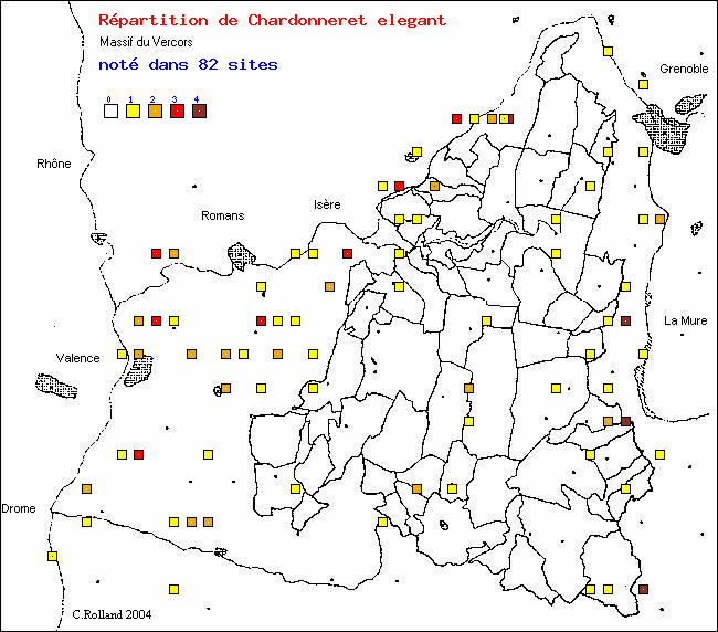 Chardonneret lgant - Carduelis carduelis (L.). Carte de rpartition des oiseaux dans le Vercors