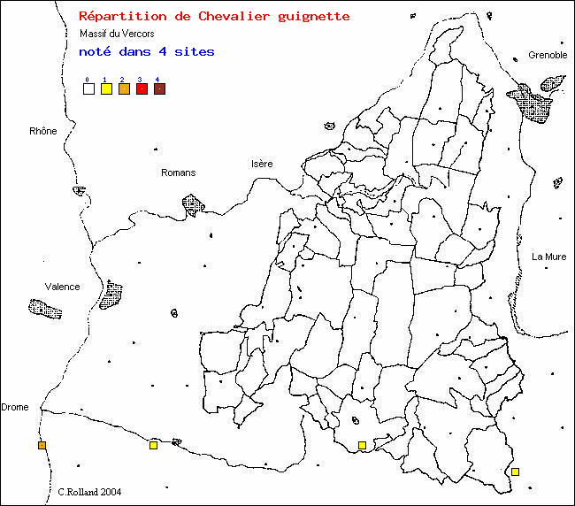 Carte de rpartition dans le Vercors (Isre et Drme) d'une espce d'oiseau: Chevalier guignette (Tringa hypoleucos L.)