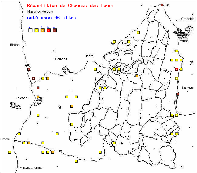 Choucas des tours - Corvus monedula L.. Carte de rpartition des oiseaux dans le Vercors