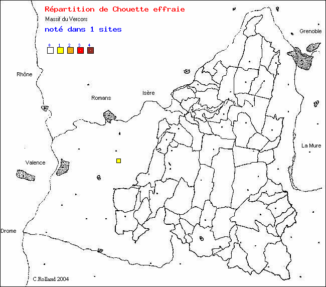 Carte de rpartition dans le Vercors (Isre et Drme) d'une espce d'oiseau: Chouette effraie (Tyto alba (Scop.))