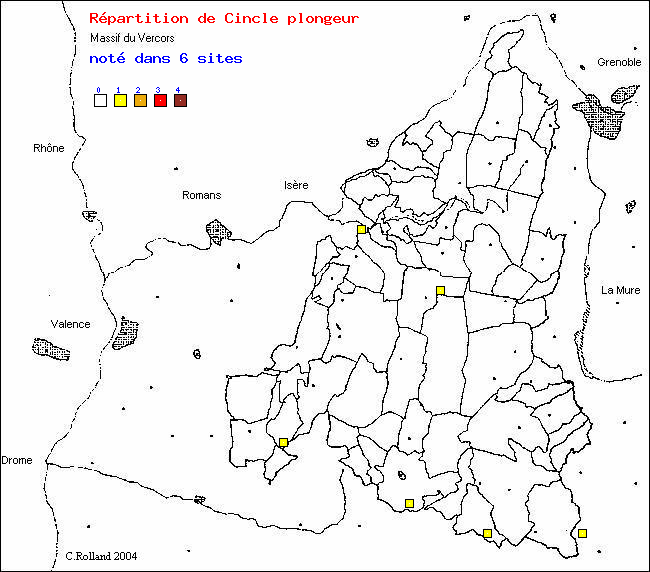 Cincle plongeur - Cinclus cinclus (L.). Carte de rpartition des oiseaux dans le Vercors