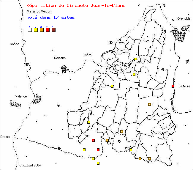 Carte de rpartition dans le Vercors (Isre et Drme) d'une espce d'oiseau: Circate Jean-le-Blanc (Circaetus gallicus (Gmelin))