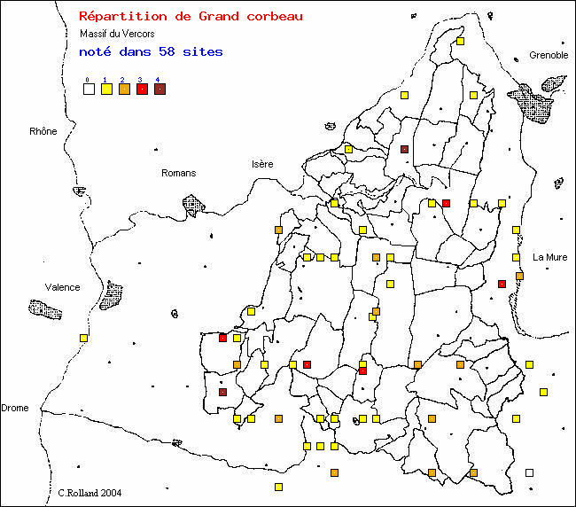 Carte de rpartition dans le Vercors (Isre et Drme) d'une espce d'oiseau: Grand corbeau (Corvus corax L.)