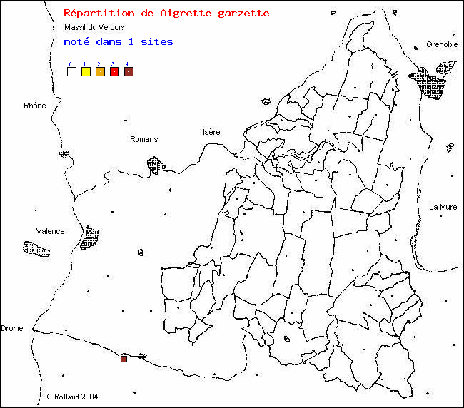 Carte de rpartition dans le Vercors (Isre et Drme) d'une espce d'oiseau: Aigrette garzette (Egretta garzetta (L.))