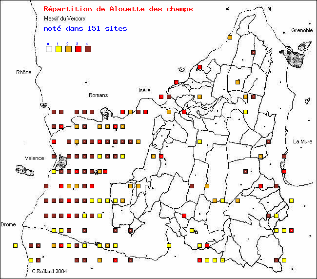 Alouette des champs - Alauda arvensis L.. Carte de rpartition des oiseaux dans le Vercors