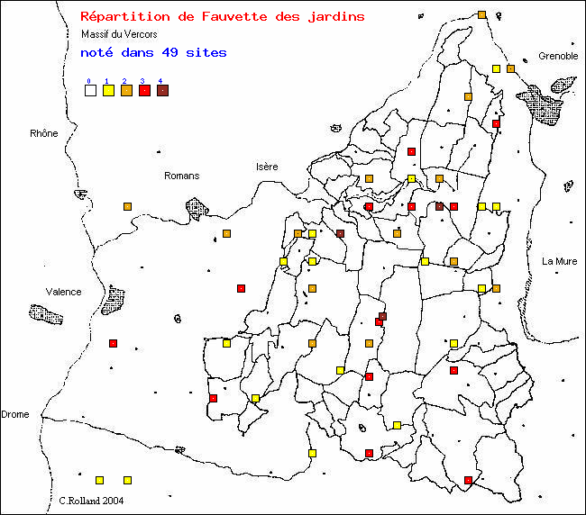 Fauvette des jardins - Sylvia borin (Boddaert). Carte de rpartition des oiseaux dans le Vercors