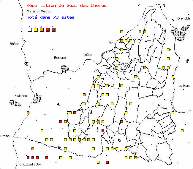 Carte de rpartition dans le Vercors (Isre et Drme) d'une espce d'oiseau: Geai des Chnes (Garrulus glandarius (L.))