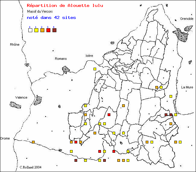 Alouette lulu - Lullula arborea (L.). Carte de rpartition des oiseaux dans le Vercors