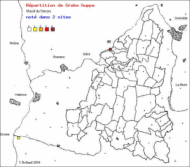 Carte de rpartition dans le Vercors (Isre et Drme) d'une espce d'oiseau: Grbe hupp (Podiceps cristatus (L.))