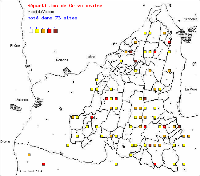 Carte de rpartition dans le Vercors (Isre et Drme) d'une espce d'oiseau: Grive draine (Turdus viscivorus L.)