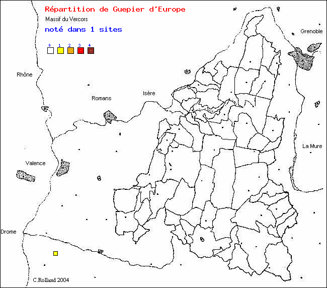 Carte de rpartition dans le Vercors (Isre et Drme) d'une espce d'oiseau: Gupier d