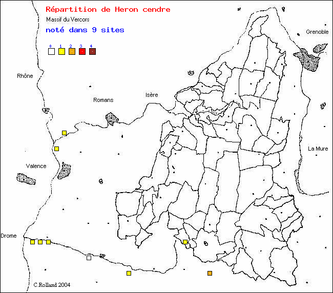 Carte de rpartition dans le Vercors (Isre et Drme) d'une espce d'oiseau: Hron cendr (Ardea cinerea L.)