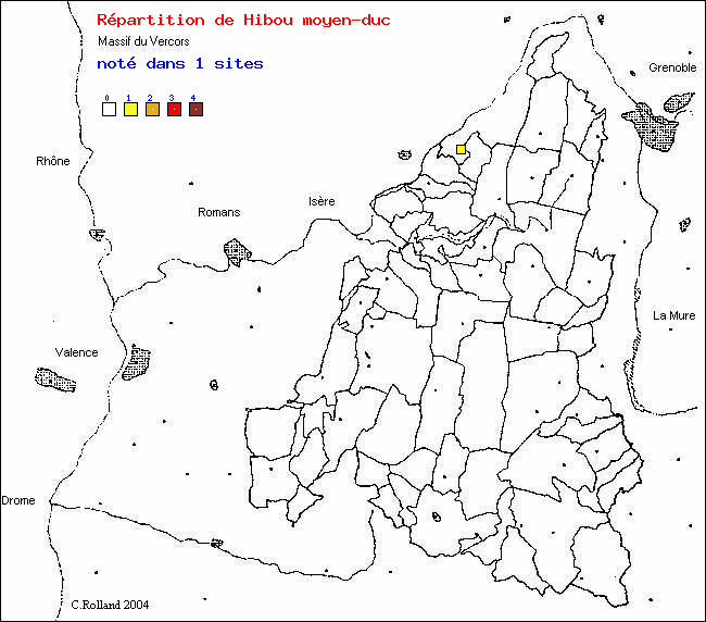 Hibou moyen-duc - Asio otus (L.). Carte de rpartition des oiseaux dans le Vercors